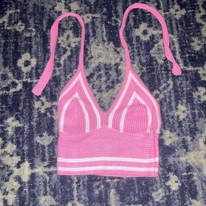 Pink and White Striped Knit Crop Top